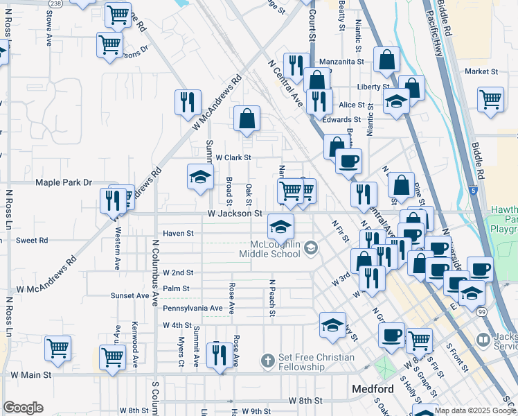 map of restaurants, bars, coffee shops, grocery stores, and more near 410 West Jackson Street in Medford