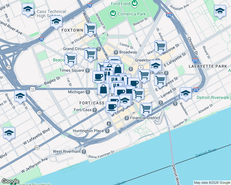 map of restaurants, bars, coffee shops, grocery stores, and more near 131 West Lafayette Boulevard in Detroit