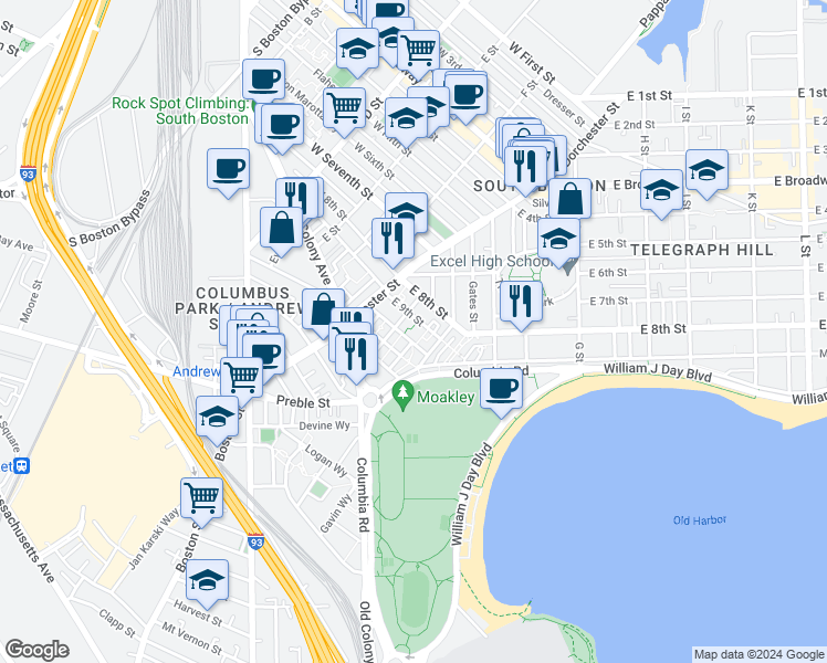 map of restaurants, bars, coffee shops, grocery stores, and more near 50 Rev Burke Street in Boston
