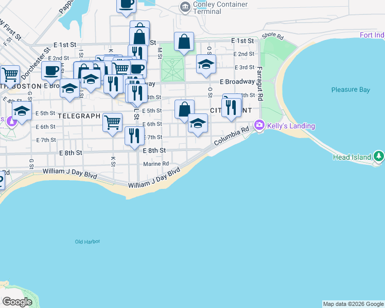 map of restaurants, bars, coffee shops, grocery stores, and more near 202 N Street in Boston