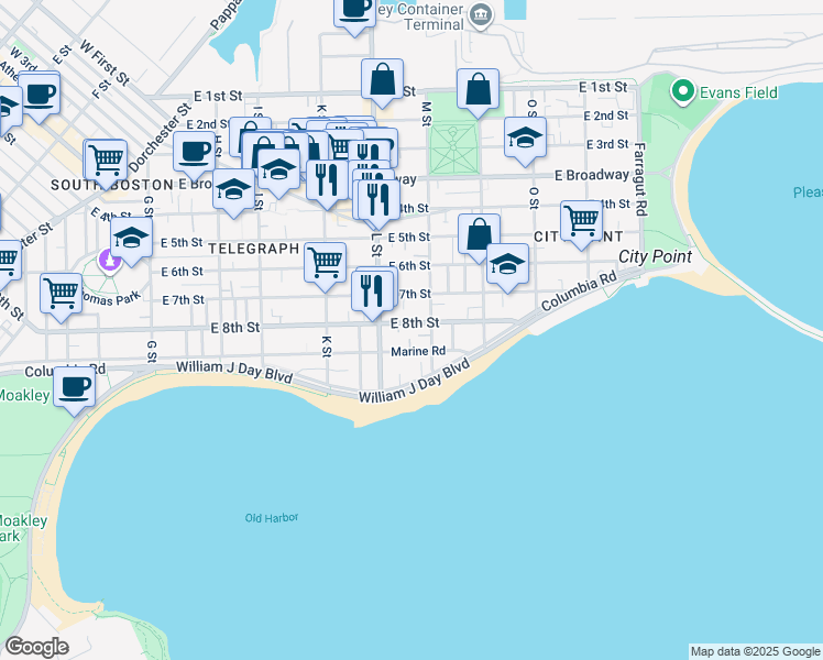map of restaurants, bars, coffee shops, grocery stores, and more near 681 East 8th Street in Boston