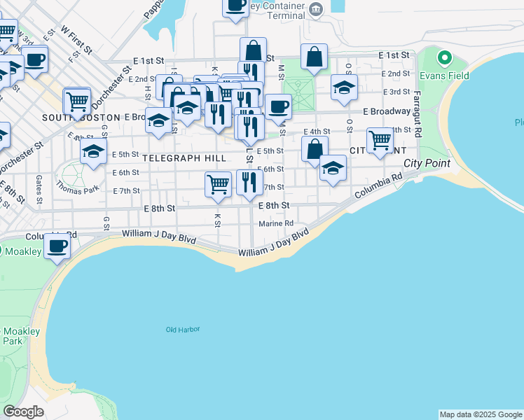 map of restaurants, bars, coffee shops, grocery stores, and more near 681 East 8th Street in Boston