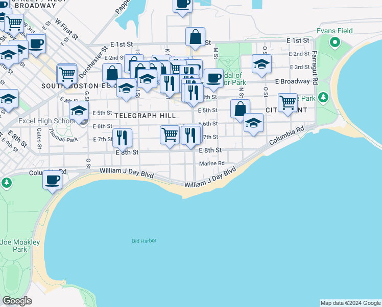 map of restaurants, bars, coffee shops, grocery stores, and more near 656 East 8th Street in Boston