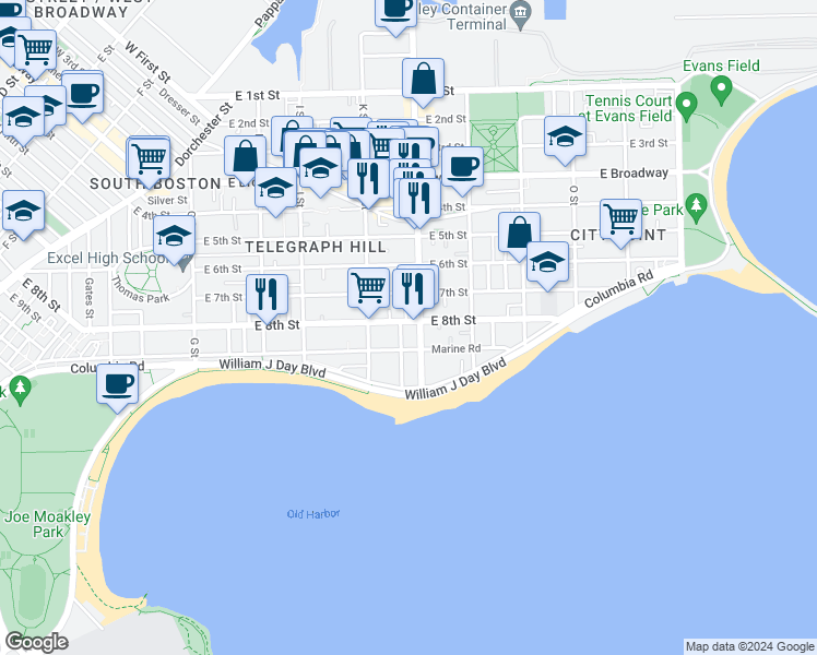 map of restaurants, bars, coffee shops, grocery stores, and more near 656 East 8th Street in Boston