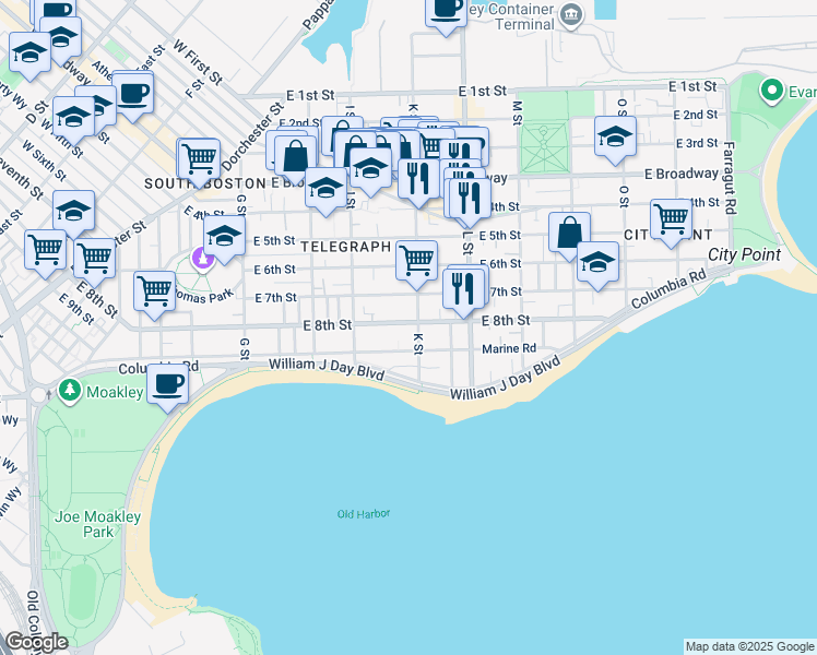 map of restaurants, bars, coffee shops, grocery stores, and more near 360 K Street in Boston