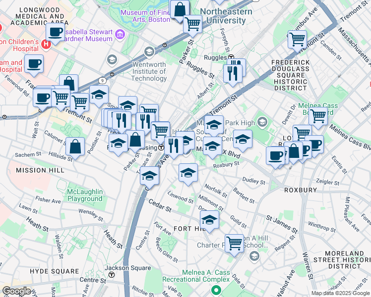 map of restaurants, bars, coffee shops, grocery stores, and more near 2a Elmwood Street in Boston