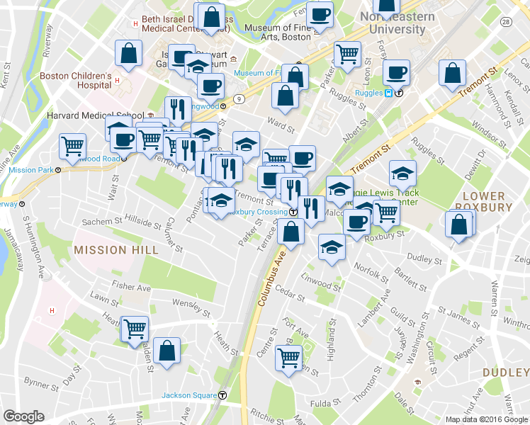 map of restaurants, bars, coffee shops, grocery stores, and more near 3 Morton Place in Boston