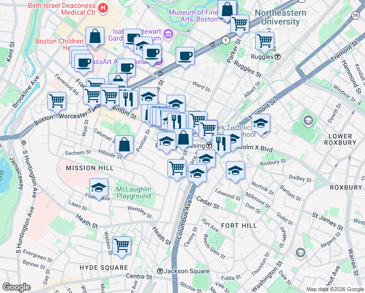 map of restaurants, bars, coffee shops, grocery stores, and more near in Boston