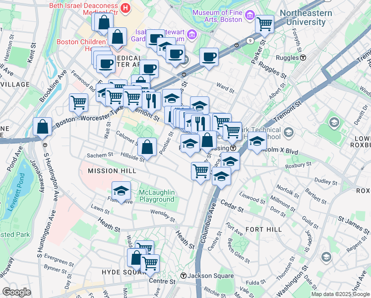 map of restaurants, bars, coffee shops, grocery stores, and more near 19A Burney Street in Boston