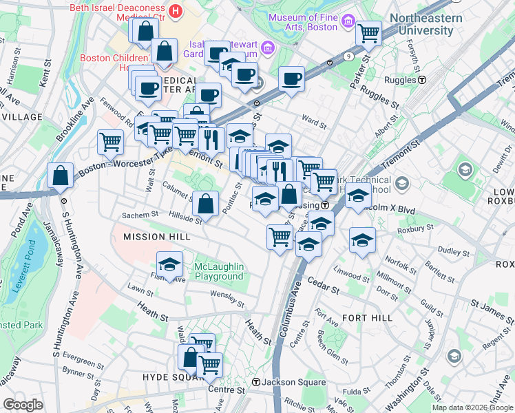 map of restaurants, bars, coffee shops, grocery stores, and more near 19A Burney Street in Boston
