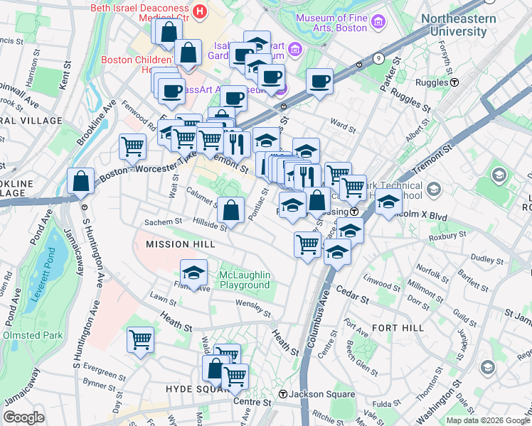 map of restaurants, bars, coffee shops, grocery stores, and more near 40 Pontiac Street in Boston