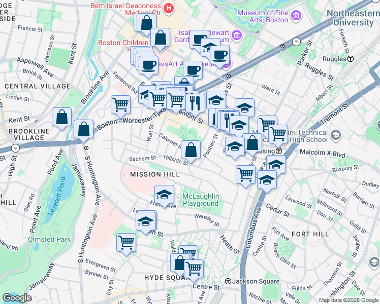 map of restaurants, bars, coffee shops, grocery stores, and more near 101 Calumet Street in Boston