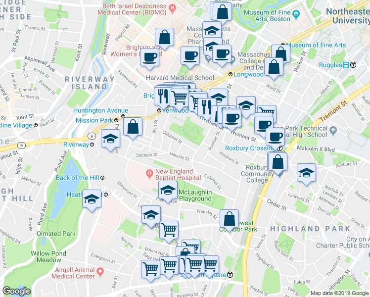 map of restaurants, bars, coffee shops, grocery stores, and more near 101 Calumet Street in Boston