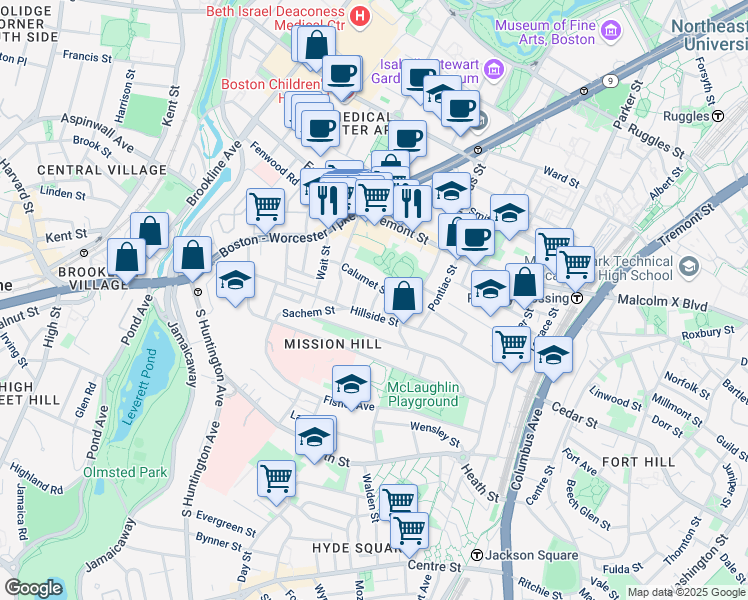 map of restaurants, bars, coffee shops, grocery stores, and more near 5 Oswald Street in Boston
