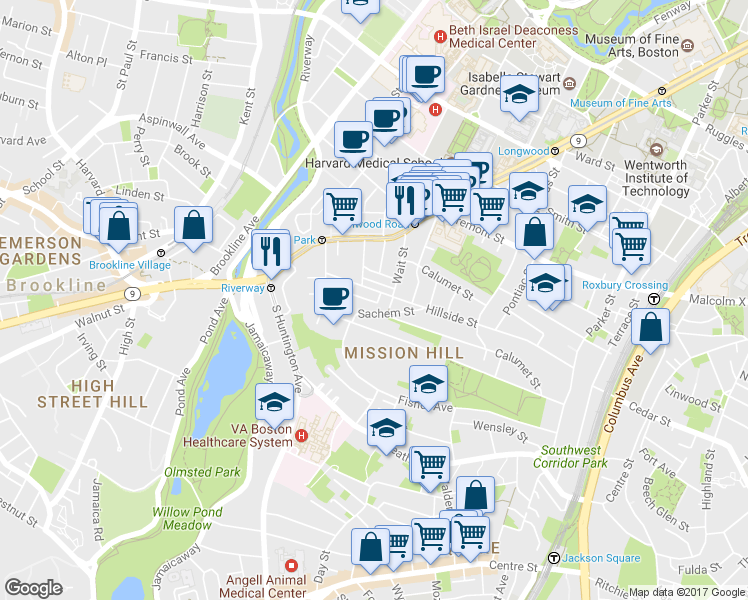 map of restaurants, bars, coffee shops, grocery stores, and more near 168 Hillside Street in Boston