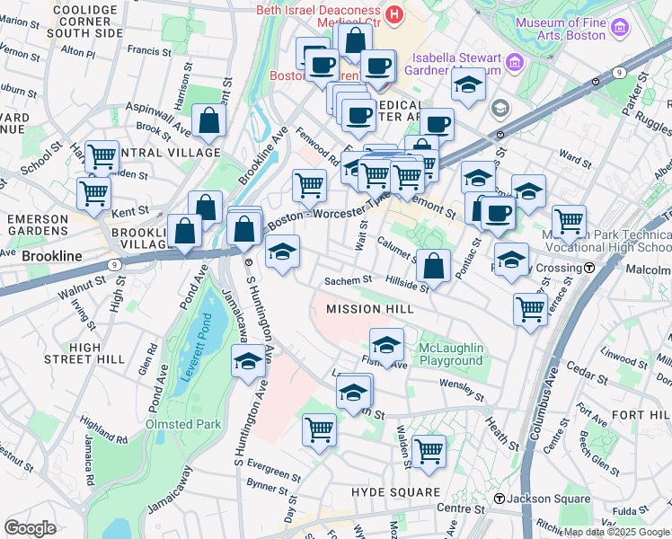 map of restaurants, bars, coffee shops, grocery stores, and more near 168 Hillside Street in Boston
