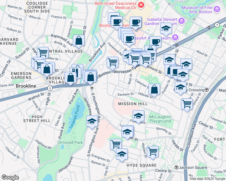map of restaurants, bars, coffee shops, grocery stores, and more near 11 Sunset Street in Boston