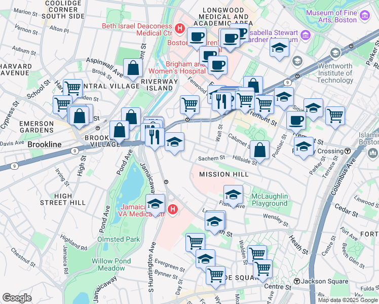 map of restaurants, bars, coffee shops, grocery stores, and more near 11 Sunset Street in Boston