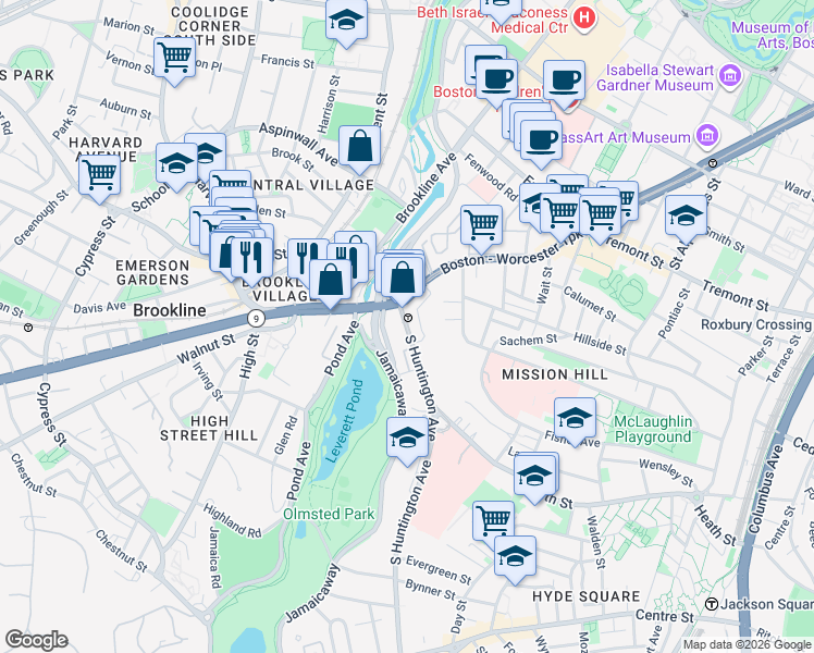 map of restaurants, bars, coffee shops, grocery stores, and more near 25-25A South Huntington Avenue in Boston