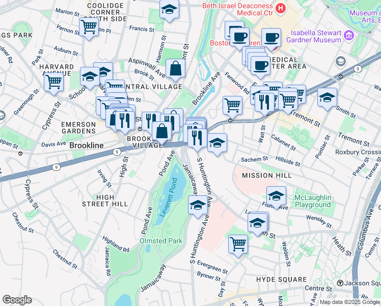 map of restaurants, bars, coffee shops, grocery stores, and more near 25-25A South Huntington Avenue in Boston