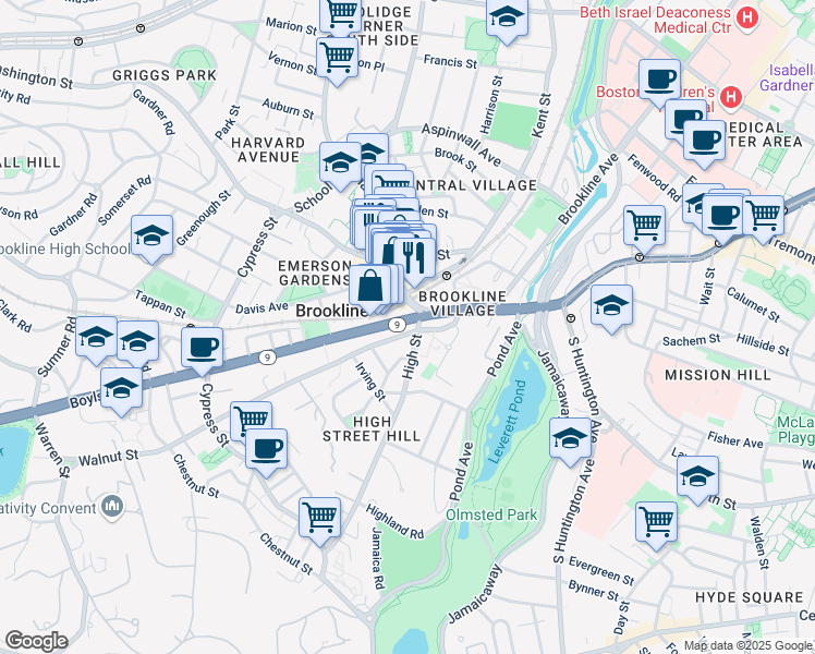 map of restaurants, bars, coffee shops, grocery stores, and more near 9 Boylston Street in Brookline