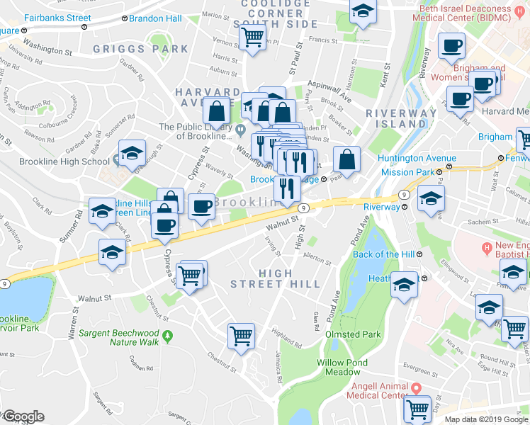 map of restaurants, bars, coffee shops, grocery stores, and more near 69 Boylston Street in Brookline