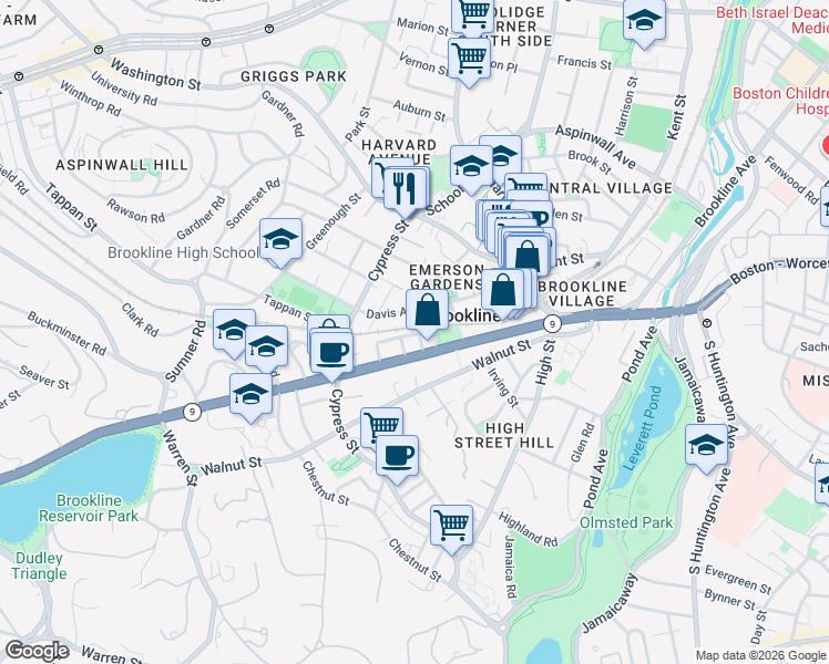 map of restaurants, bars, coffee shops, grocery stores, and more near 88 Davis Avenue in Brookline