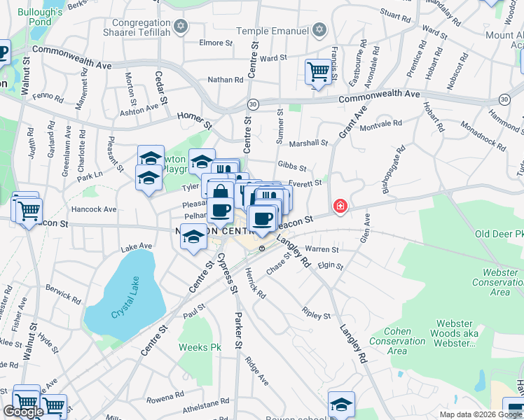map of restaurants, bars, coffee shops, grocery stores, and more near 14R Lyman Street in Newton