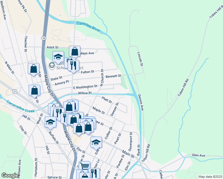 map of restaurants, bars, coffee shops, grocery stores, and more near 87 East Washington Street in Hornell