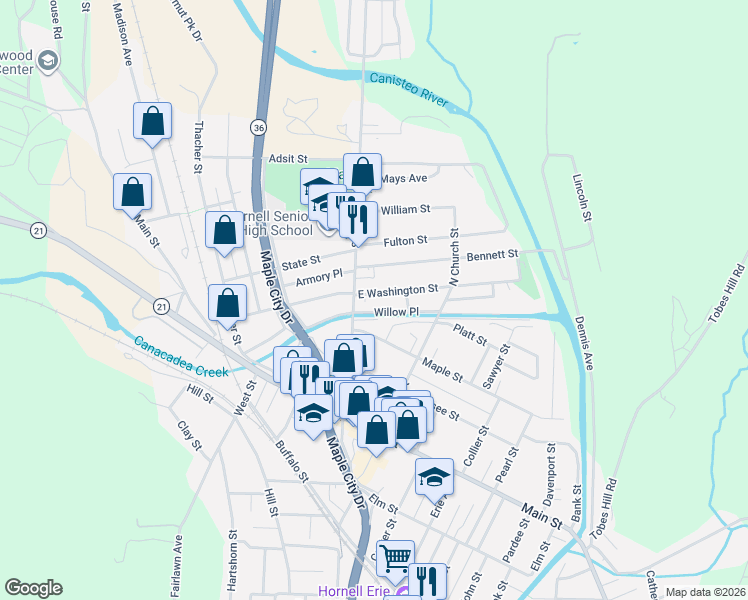 map of restaurants, bars, coffee shops, grocery stores, and more near 101 Seneca Street in Hornell