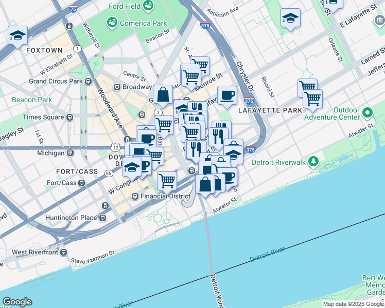 map of restaurants, bars, coffee shops, grocery stores, and more near 400 East Congress Street in Detroit