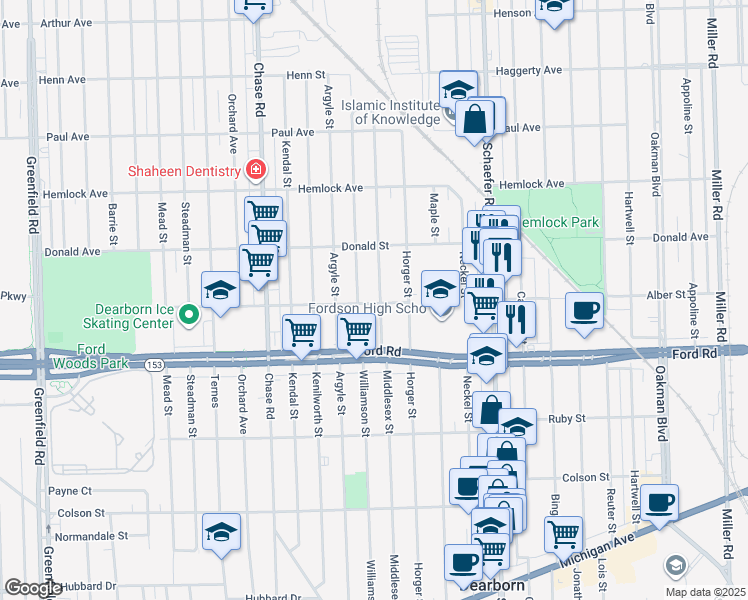 map of restaurants, bars, coffee shops, grocery stores, and more near 5820 Middlesex Street in Dearborn