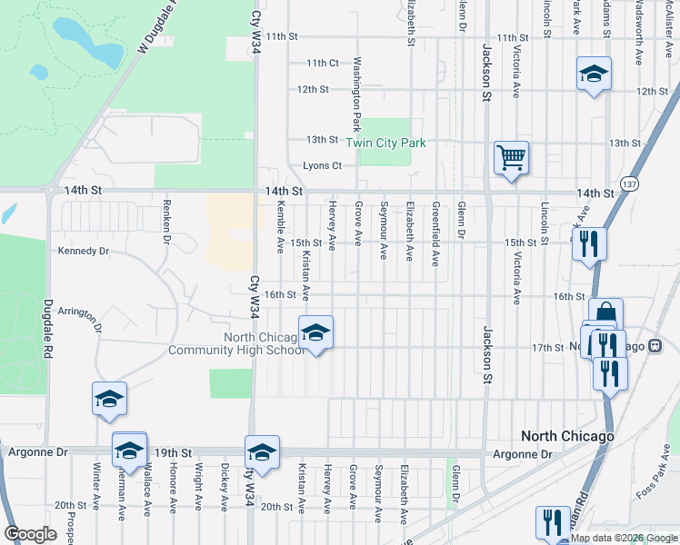 map of restaurants, bars, coffee shops, grocery stores, and more near 1519 Hervey Avenue in North Chicago