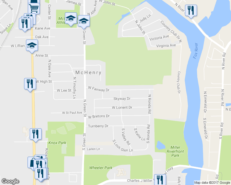 map of restaurants, bars, coffee shops, grocery stores, and more near 3319 West Fairway Drive in McHenry