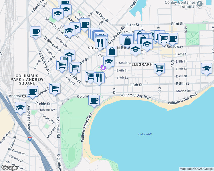map of restaurants, bars, coffee shops, grocery stores, and more near 412 East 8th Street in Boston