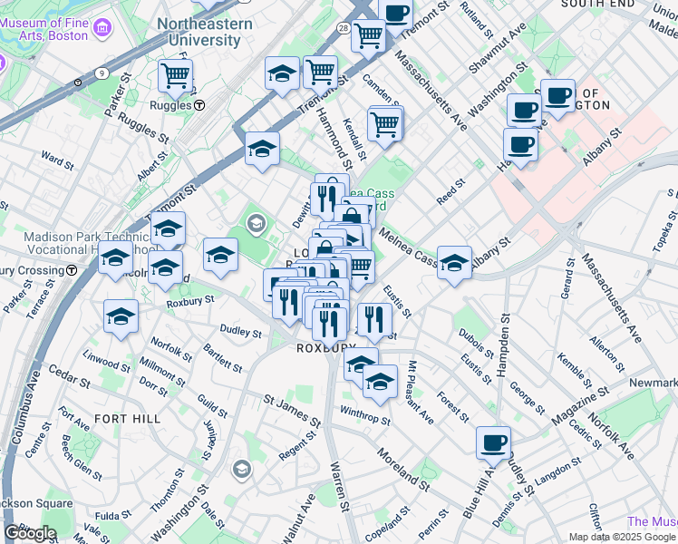 map of restaurants, bars, coffee shops, grocery stores, and more near 2249 Washington Street in Boston
