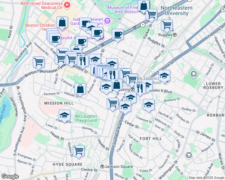 map of restaurants, bars, coffee shops, grocery stores, and more near in Boston