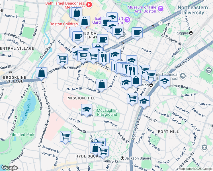 map of restaurants, bars, coffee shops, grocery stores, and more near 40 Pontiac Street in Boston