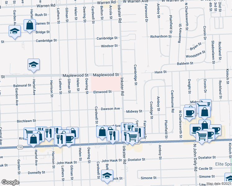 map of restaurants, bars, coffee shops, grocery stores, and more near 6149 Arcola Street in Garden City