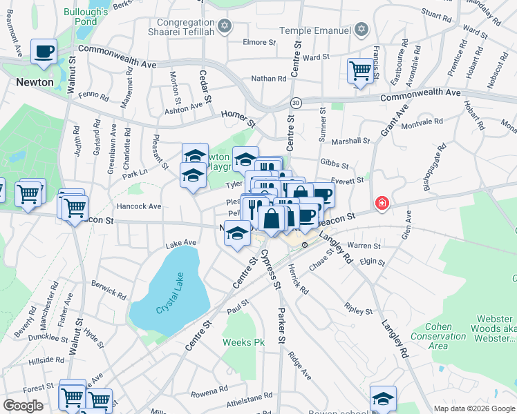map of restaurants, bars, coffee shops, grocery stores, and more near 37 Pelham Street in Newton