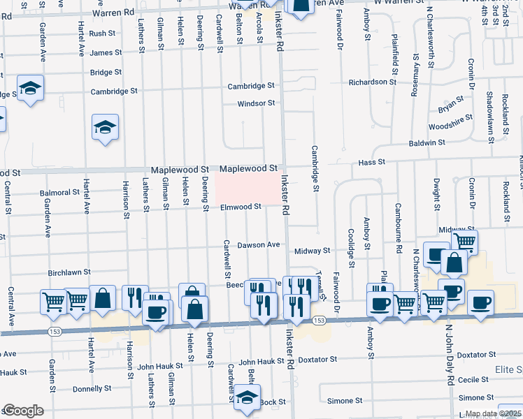 map of restaurants, bars, coffee shops, grocery stores, and more near 6149 Arcola Street in Garden City