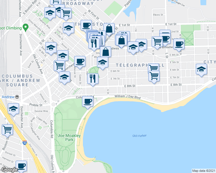 map of restaurants, bars, coffee shops, grocery stores, and more near East 8th Street & G Street in Boston
