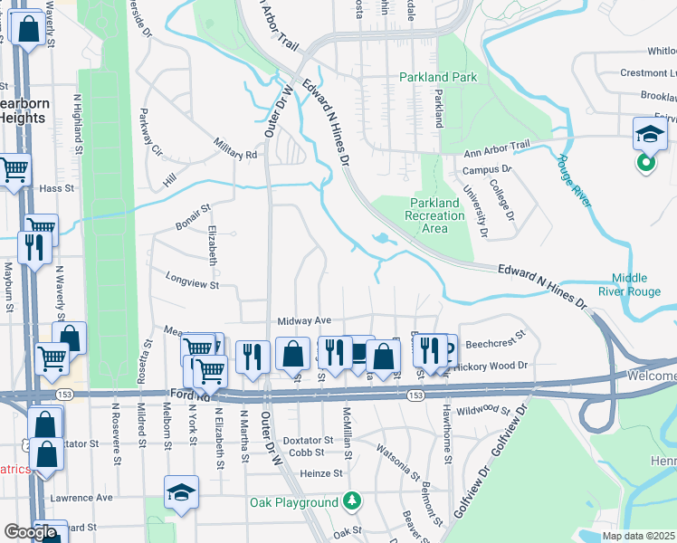 map of restaurants, bars, coffee shops, grocery stores, and more near 6052 Burger Street in Dearborn Heights