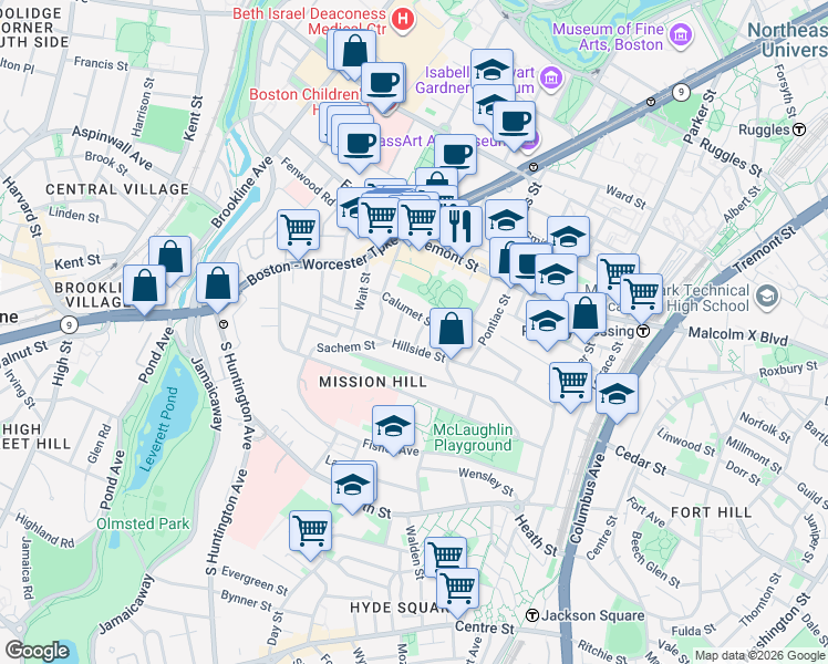 map of restaurants, bars, coffee shops, grocery stores, and more near 5 Oswald Street in Boston