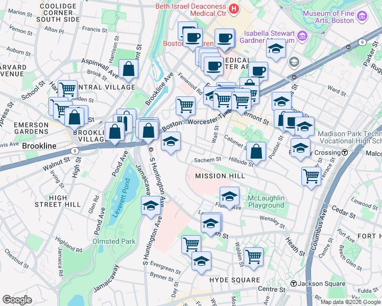 map of restaurants, bars, coffee shops, grocery stores, and more near 11 Sunset Street in Boston