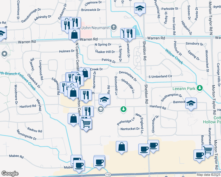 map of restaurants, bars, coffee shops, grocery stores, and more near 6800 Fox Hills Road in Canton