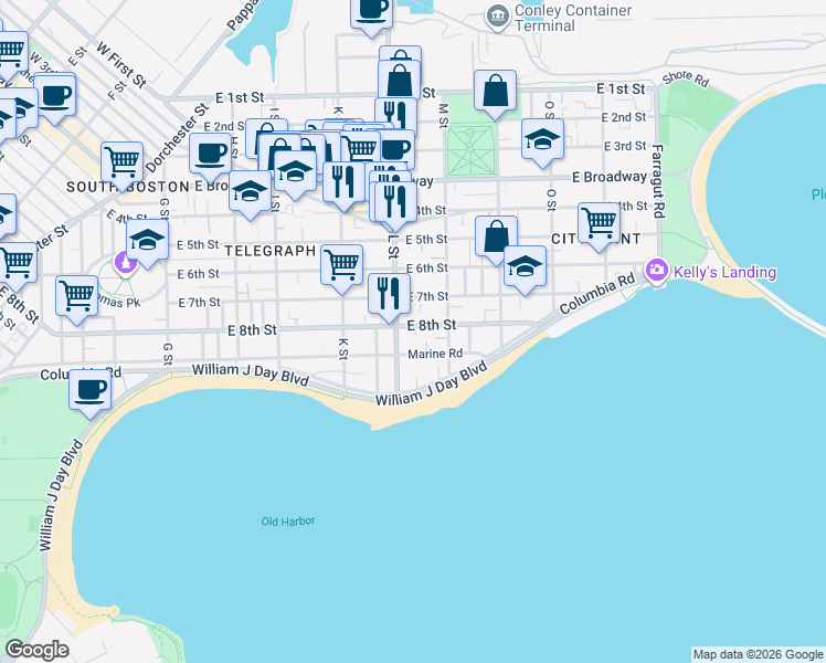 map of restaurants, bars, coffee shops, grocery stores, and more near 681 East 8th Street in Boston