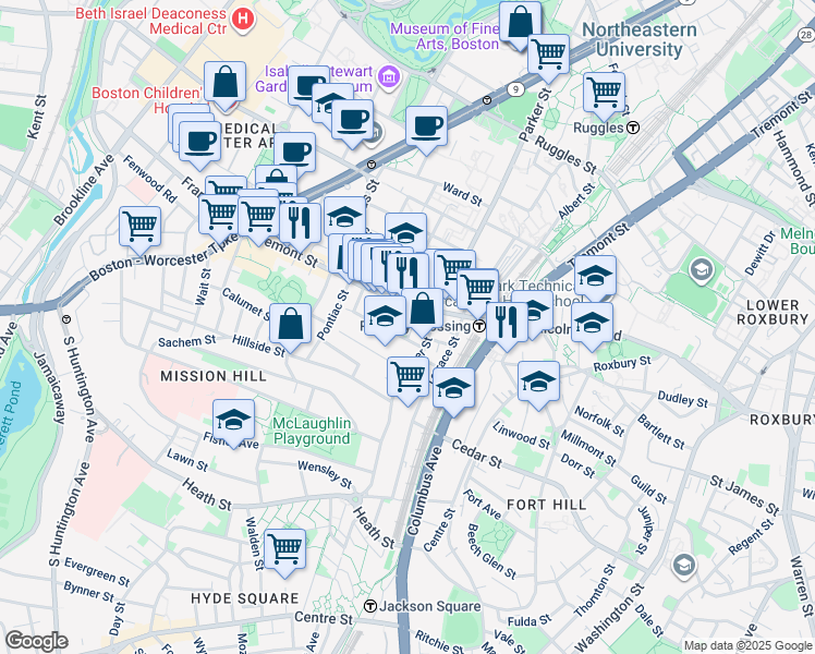 map of restaurants, bars, coffee shops, grocery stores, and more near in Boston
