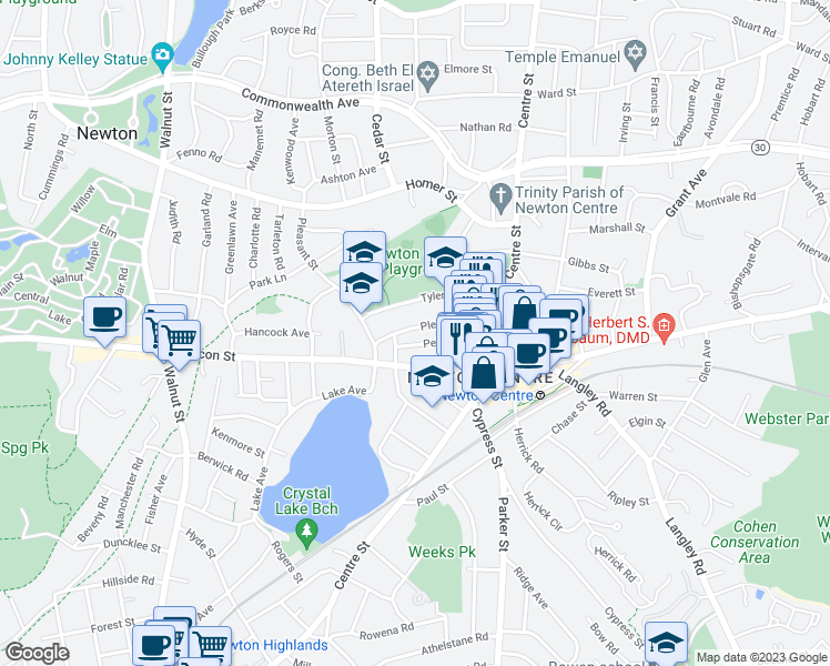 map of restaurants, bars, coffee shops, grocery stores, and more near 66 Pleasant Street in Newton