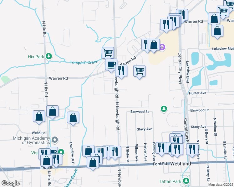 map of restaurants, bars, coffee shops, grocery stores, and more near North Newburgh Road in Westland